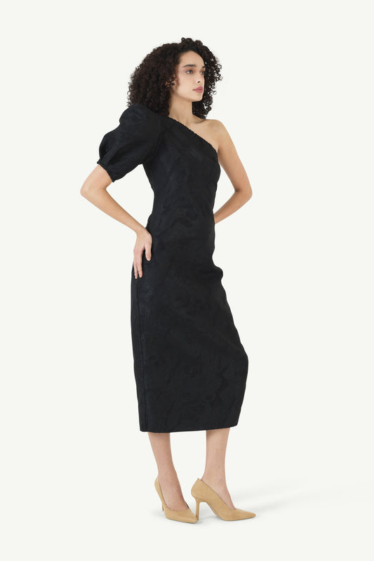 One Shoulder Puff Sleeve Dress in Textured Jacquard