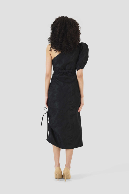 One Shoulder Puff Sleeve Dress in Textured Jacquard Black / 2 One Shoulder Puff Sleeve Dress in Textured Jacquard Black / 2