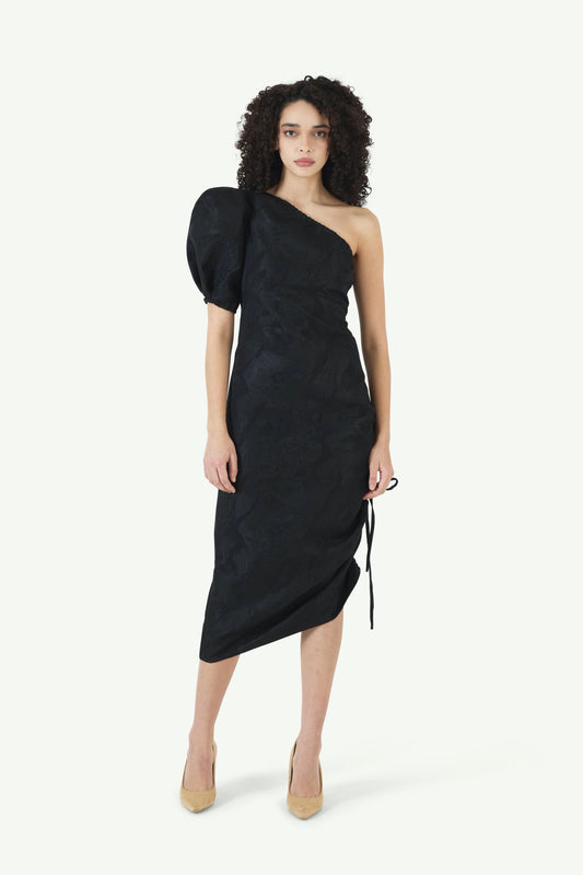 One Shoulder Puff Sleeve Dress in Textured Jacquard