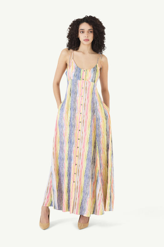 High Garden Maxi Dress in Rainbow Stripe Twill