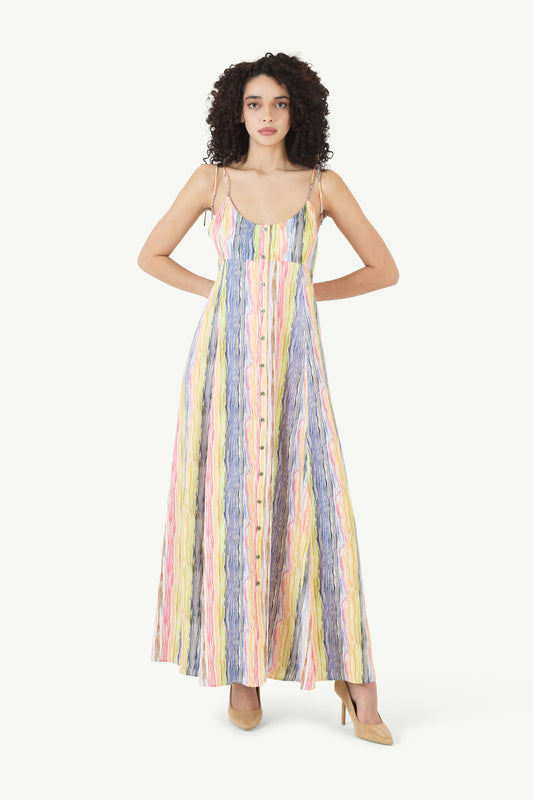 High Garden Maxi Dress in Rainbow Stripe Twill