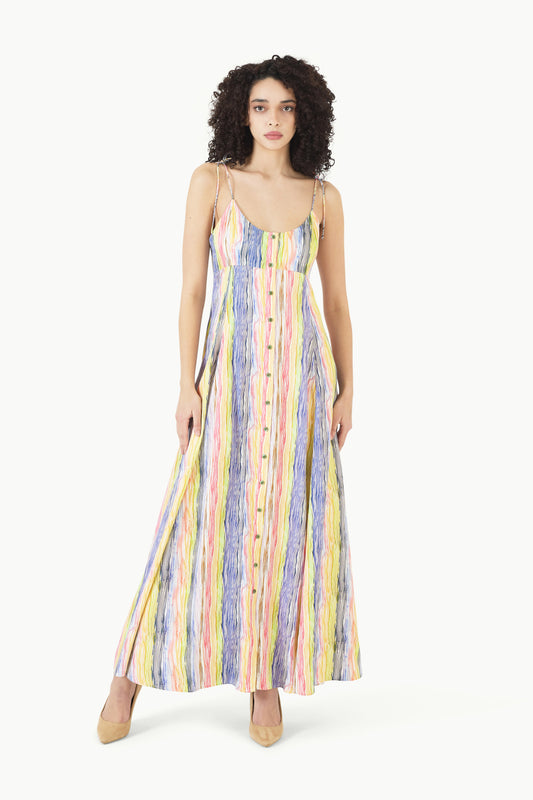 High Garden Maxi Dress in Rainbow Stripe Twill