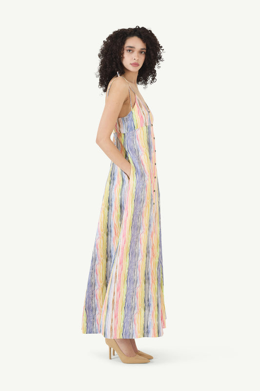 High Garden Maxi Dress in Rainbow Stripe Twill