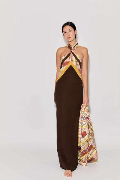 Twisted Halter Dress in Double Faced Georgette Brown / 4 Twisted Halter Dress in Double Faced Georgette Brown / 4