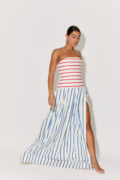 Strapless Drop Waist Gown in Coastal Stripe Cotton