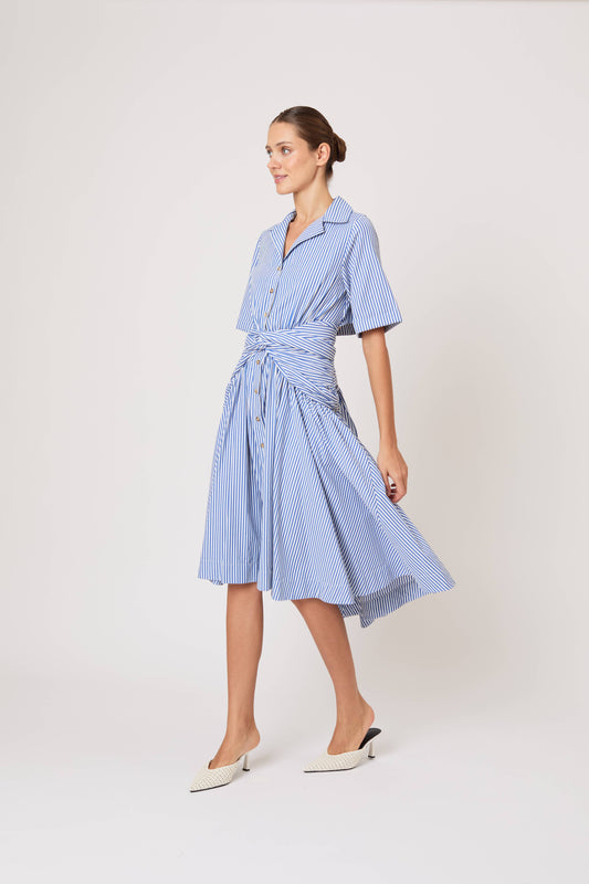 Tie Shirt Dress in Cotton Poplin Stripe