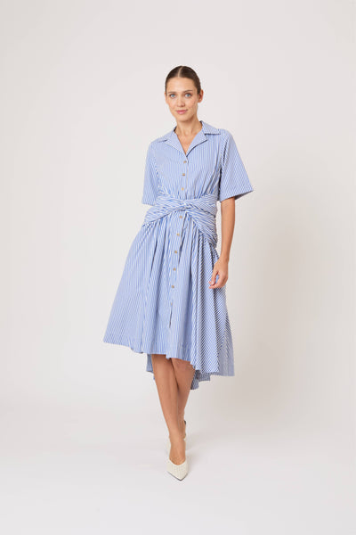 Tie Shirt Dress in Cotton Poplin Stripe