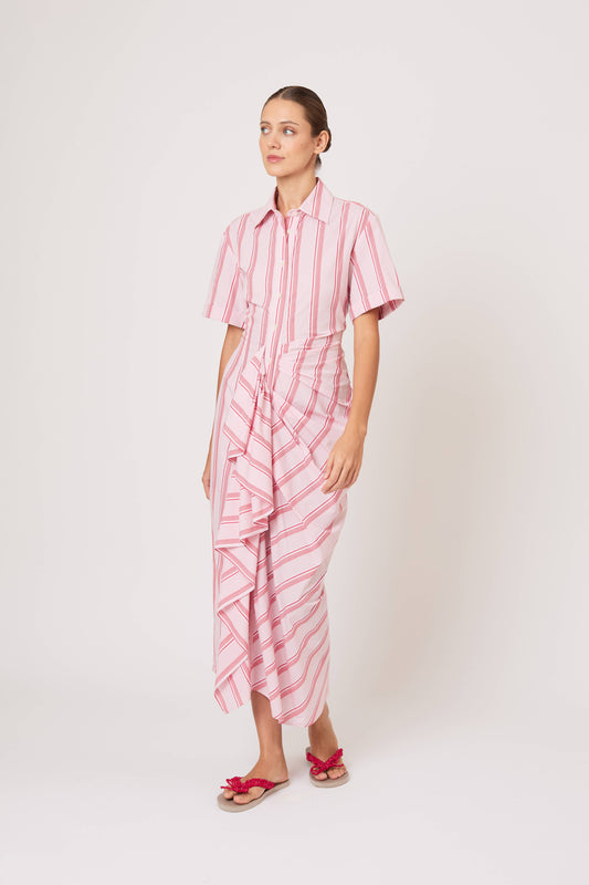 Gathered Ruffle Shirt Dress in Men's Shirting Red Stripe