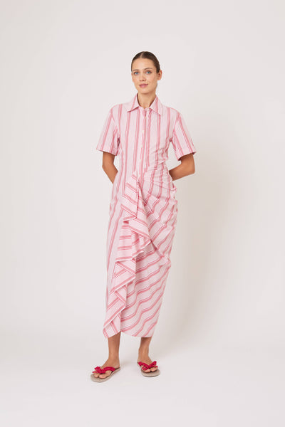 Gathered Ruffle Shirt Dress in Men's Shirting Red Stripe