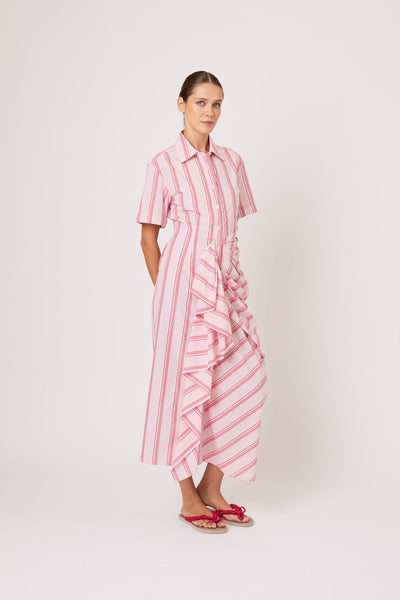 Gathered Ruffle Shirt Dress in Men's Shirting Red Stripe
