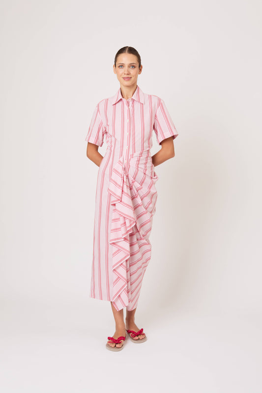 Gathered Ruffle Shirt Dress in Men's Shirting Red Stripe