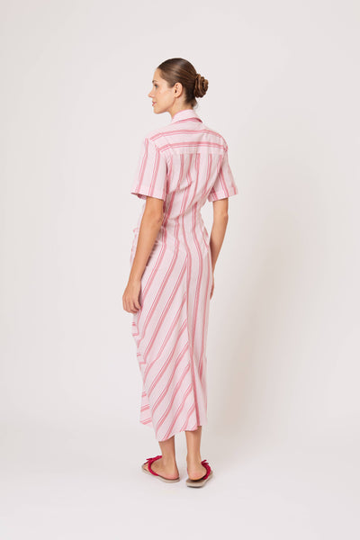 Gathered Ruffle Shirt Dress in Men's Shirting Red Stripe