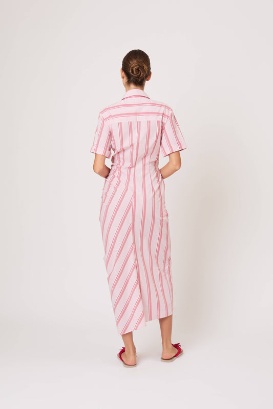 Gathered Ruffle Shirt Dress in Men's Shirting Red Stripe