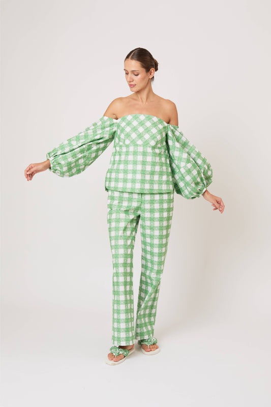 Empire Balloon Sleeve Top in Picnic Embroidered Gingham