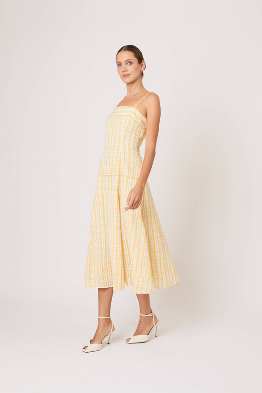 Drop Me A Note Dress in Seersucker Check Yellow / 4