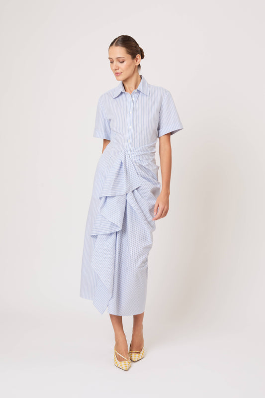 Gathered Ruffle Shirt Dress in Men's Shirting Blue Stripe