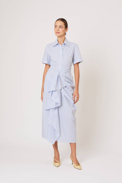 Gathered Ruffle Shirt Dress in Men's Shirting Blue Stripe