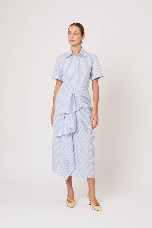 Gathered Ruffle Shirt Dress in Men's Shirting Blue Stripe
