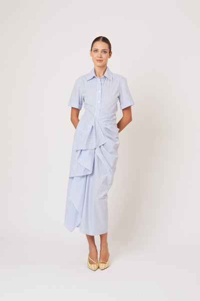 Gathered Ruffle Shirt Dress in Men's Shirting Blue Stripe