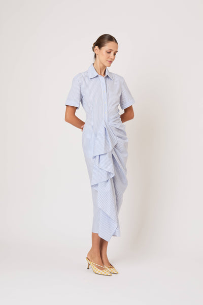 Gathered Ruffle Shirt Dress in Men's Shirting Blue Stripe
