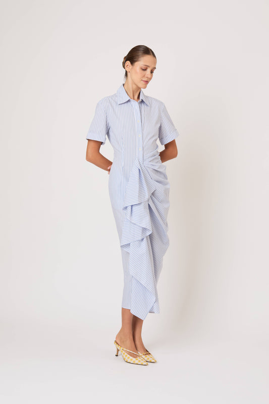 Gathered Ruffle Shirt Dress in Men's Shirting Blue Stripe