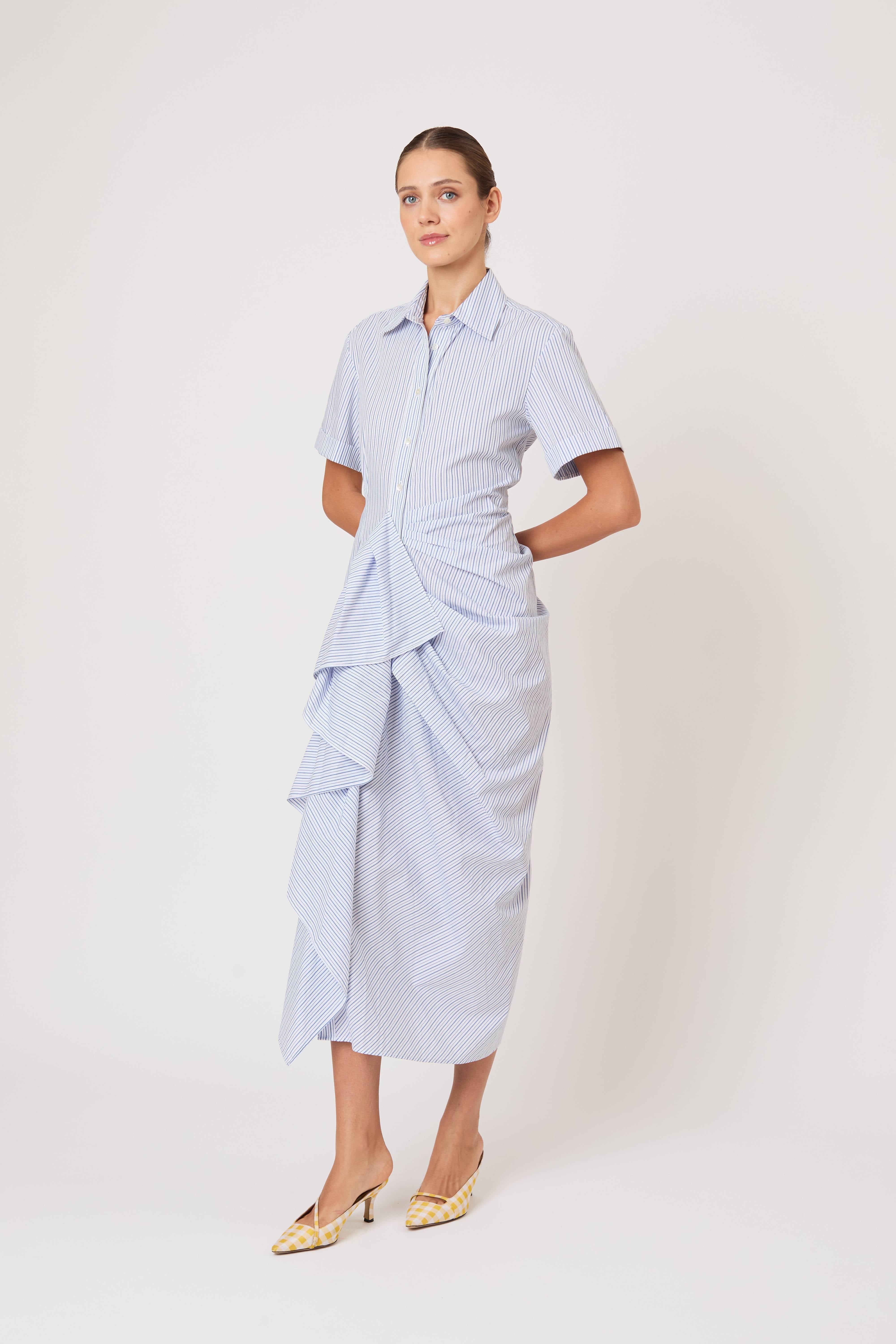 Gathered Ruffle Shirt Dress in Men's Shirting Blue Stripe – Rosie Assoulin