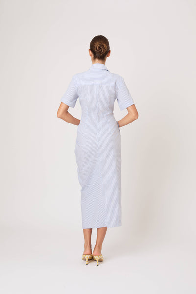 Gathered Ruffle Shirt Dress in Men's Shirting Blue Stripe