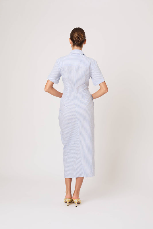 Gathered Ruffle Shirt Dress in Men's Shirting Blue Stripe