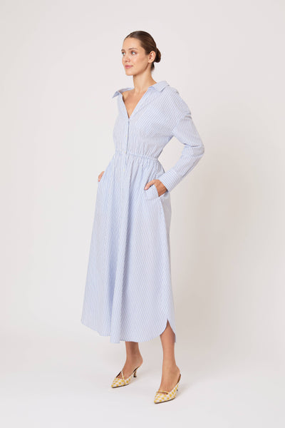 Falling Off the Shoulder Dress in Men's Shirting Blue Stripe