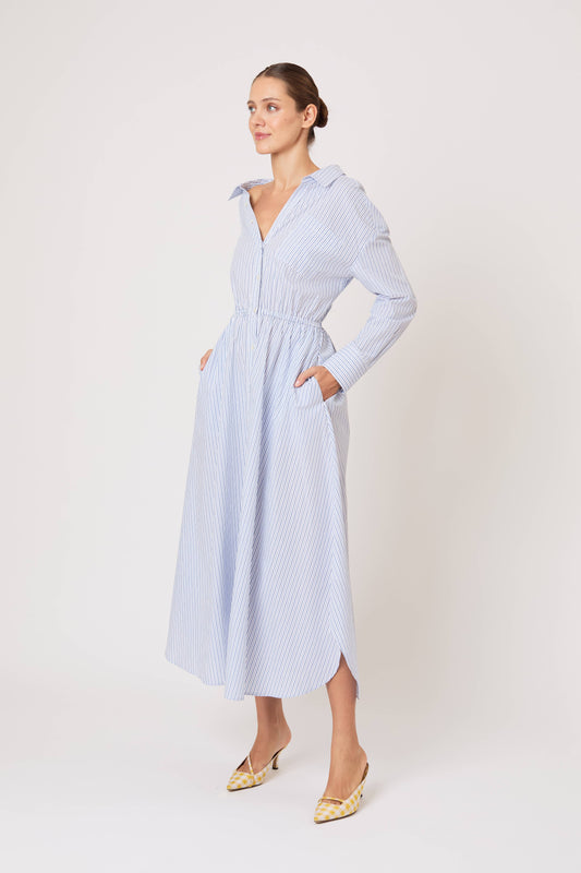 Falling Off the Shoulder Dress in Men's Shirting Blue Stripe