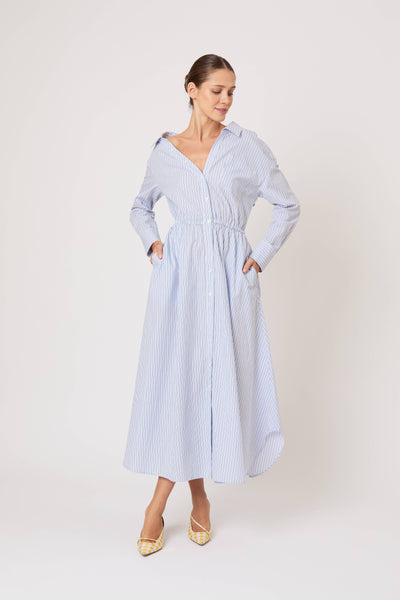 Falling Off the Shoulder Dress in Men's Shirting Blue Stripe