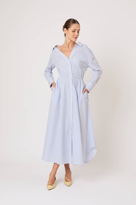 Falling Off the Shoulder Dress in Men's Shirting Blue Stripe