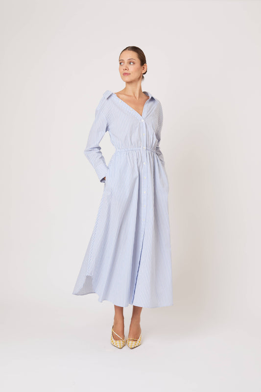 Rosie Assoulin Blue Stripe Falling Off the Shoulder Midi Dress Blue Stripe / XS Rosie Assoulin Blue Stripe Falling Off the Shoulder Midi Dress Blue Stripe / XS