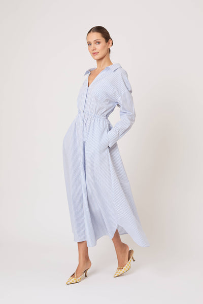 Falling Off the Shoulder Dress in Men's Shirting Blue Stripe