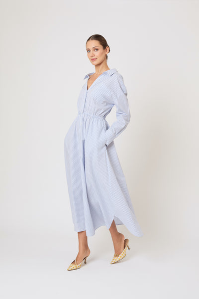 Falling Off the Shoulder Dress in Men's Shirting Blue Stripe