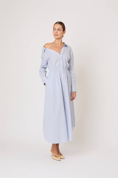 Falling Off the Shoulder Dress in Men's Shirting Blue Stripe