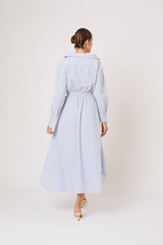 Falling Off the Shoulder Dress in Men's Shirting Blue Stripe
