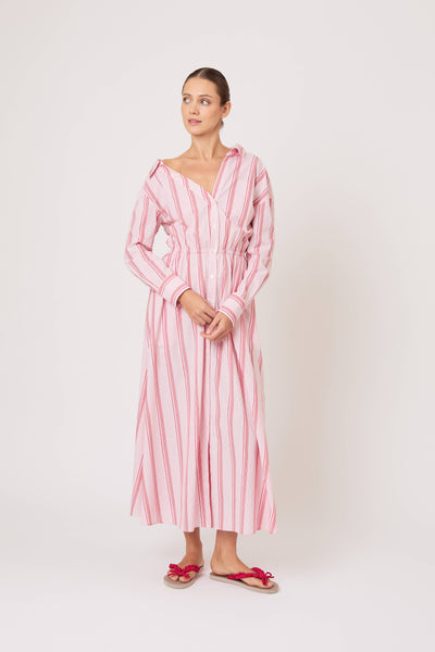 Falling Off the Shoulder Dress in Men's Shirting Red Stripe