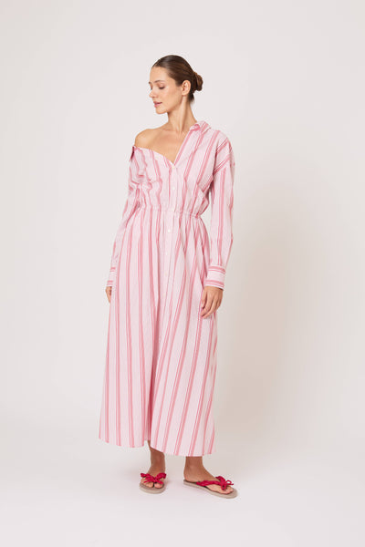 Falling Off the Shoulder Dress in Men's Shirting Red Stripe