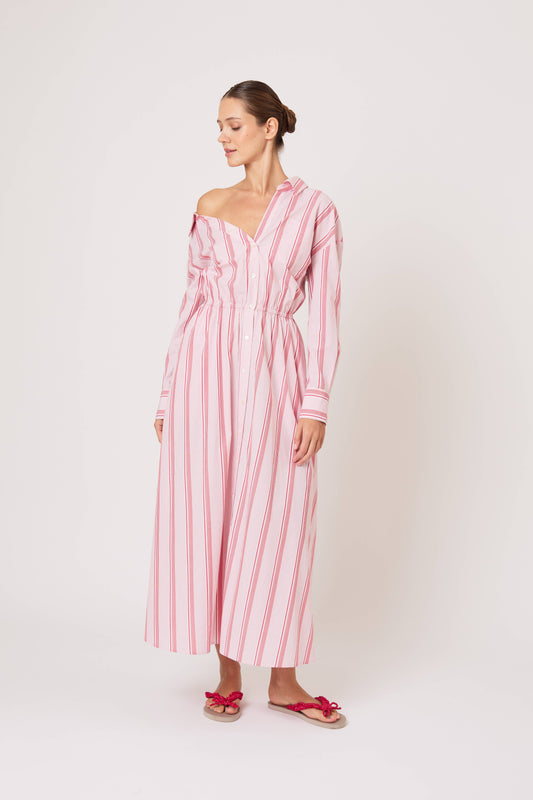 Falling Off the Shoulder Dress in Men's Shirting Red Stripe