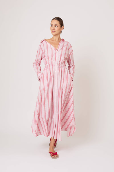 Falling Off the Shoulder Dress in Men's Shirting Red Stripe