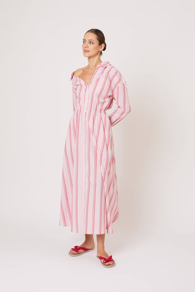 Falling Off the Shoulder Dress in Men's Shirting Red Stripe