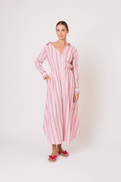 Falling Off the Shoulder Dress in Men's Shirting Red Stripe