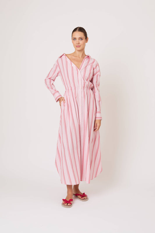 Falling Off the Shoulder Dress in Men's Shirting Red Stripe