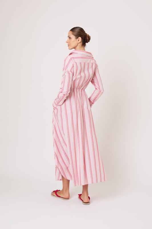 Falling Off the Shoulder Dress in Men's Shirting Red Stripe