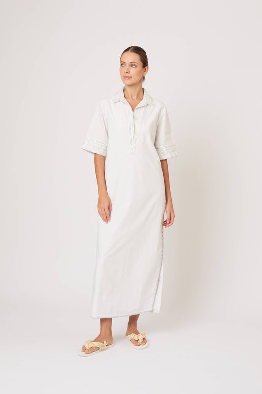cotton caftan dress Wholesale Beautiful embroidered navy blue kaftan dress, tunic dress, caftans for women, Egyptian cotton. Summer caftan, party, casual for your store it is handcrafted using traditional Indian block Caftan Dress in Trapunto Cotton