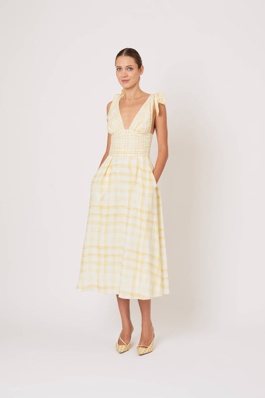 Bow Shoulder Dress in Watercolor Gingham