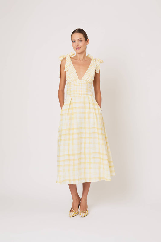 Bow Shoulder Dress in Watercolor Gingham