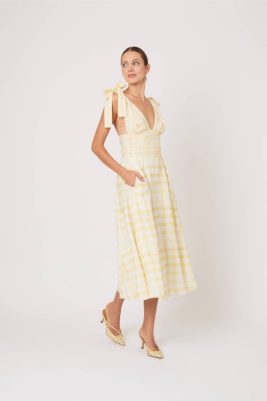 Bow Shoulder Dress in Watercolor Gingham
