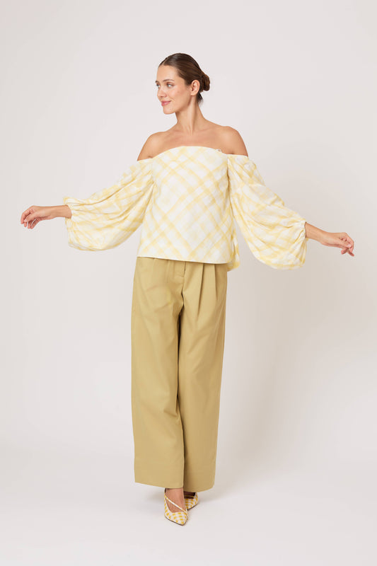 Balloon Sleeve Top in Watercolor Gingham on Lyocell Linen